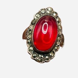Antique Art Deco Sterling Marcasite Red Glass Ring